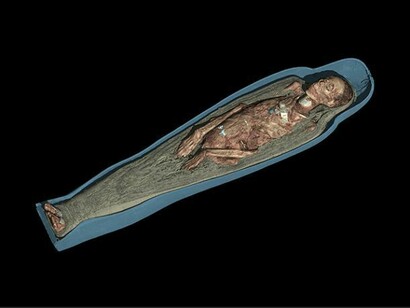 CT scan 3D visualisation of the mummified remains of Tayesmutengebtiu, also called Tamut, showing a section through the cartonnage and wrappings. © Trustees of the British Museum
