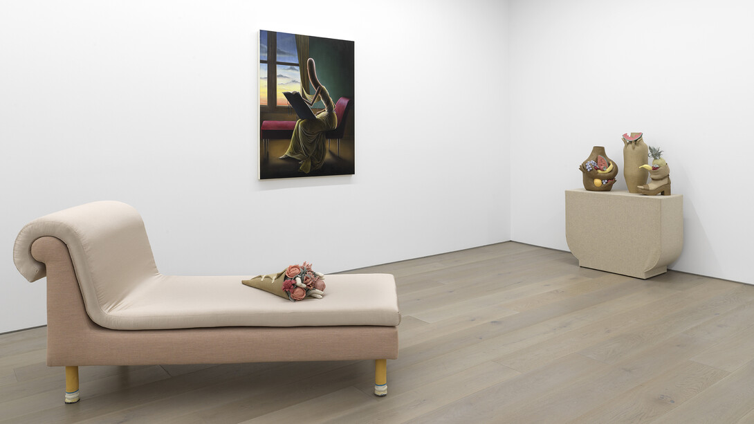 Installation view of Genesis Belanger & Emily Mae Smith:
A Strange Relative
Photo by Dario Lasagni. Photo courtesy of the artists and Perrotin.
