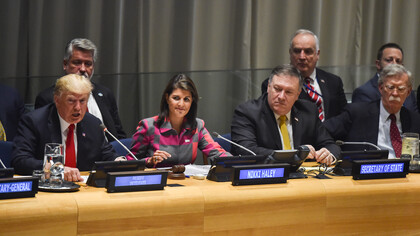 President Donald Trump with Nikki Haley and Mike Pompeo at the United Nations Security Council in New York City