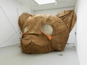 Brian Griffiths, The Body and Ground (Or Your Brittle Smile), 2010, Canvas, scenic acrylic paint, rope, webbing, fiberglass pole, metal poles, vintage travel souvenirs patches, net fabric, tarpaulin, duct tape, thread, string, sand, and fixings