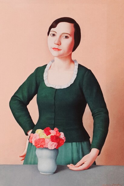Antonio Donghi (1897-1963)  Figura di donna (1932) 57cm x 42.5 cm, oil on canvas. Donghi is primarily known for his lucid and striking portraiture which render his subjects immobile and melancholic. Furing the 1920’s and ‘30’s, Donghi exhibited at Galleria Pesaro together with Casorati, De Chirico and Guidi, and his work was featured in the Venice Biennale on 4 separate occasions between 1928 and 1954