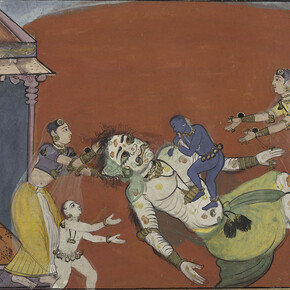 The Death of the Demoness Putana: Page from a Dispersed Bhagavata Purana
India (Rajasthan, Bikaner), ca. 1610 Ink and opaque watercolor on paper Image: 6 5/8 × 9 5/8 in. (16.8 × 24.4 cm) Sheet: 9 5/8 × 11 7/8 in. (24.4 × 30.2 cm) Cynthia Hazen Polsky and Leon B. Polsky Fund, 2002
Photo: Courtesy of The Metropolitan Museum of Art