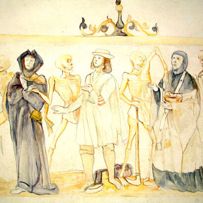 Dance of Death, church of La-Ferté-Loupière, Yonne, Burgundy, France. Reproduction drawing of the original fresco