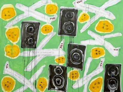 Katherine Bernhardt, Salsa Music, Plantain Chips and TWA (Going To Puerto Rico), 2013, Acrylic and spray paint on canvas, 120 x 96 in