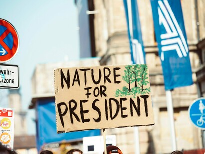 Amidst a backdrop of urban signs, a handmade sign declaring "Nature for president" offers a symbolic plea for prioritizing the planet in the climate crisis