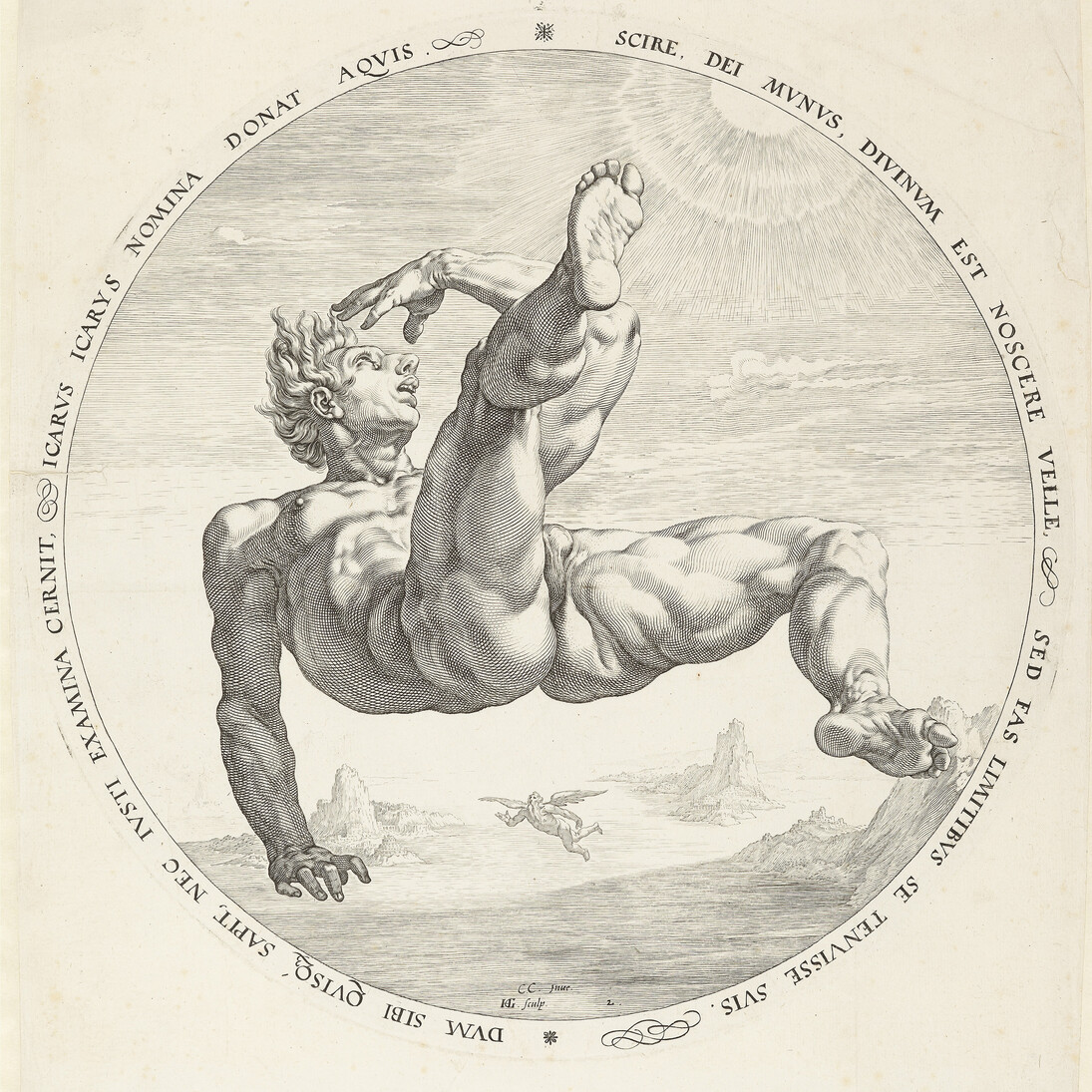 Hendrick Goltzius (1558–1617) Icarus ,1588  Engraving  image (diameter): 308 mm, Museum Boijmans Van Beuningen