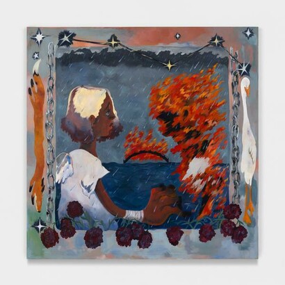 Obi Agwam, Wish I knew why we never said
Goodbye, 2023. Oil on canvas,
50”h x 50”w (127 x 127cm). Courtesy of the artist and Harkawik Gallery