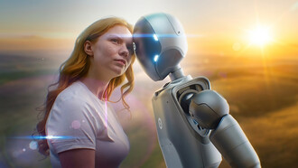 A young woman gently touches foreheads with a humanoid robot, symbolising the connection between humans and artificial intelligence