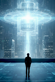 From a digital precipice, a figure witnesses a radiant, heart-shaped core of light emerging from a dense urban network, suggesting the integration of human meaning within technological complexity