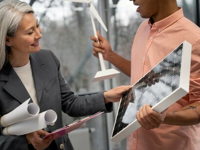 An architect and project manager planning real-life structures with alternative energy solutions