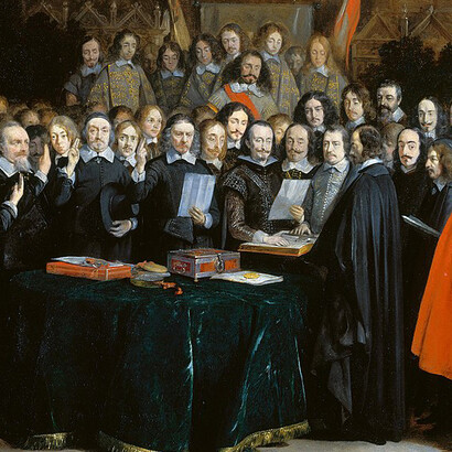 Gerard ter Borch (1617–1681) painted The Ratification of the Spanish-Dutch Treaty of Münster, 15 May 1648, commemorating the formal ratification of the peace treaty that ended the Eighty Years' War between Spain and the Dutch Republic