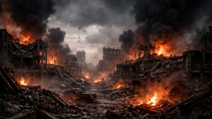 Un paesaggio urbano devastato, consumato dal fuoco e dalla distruzione, evoca il costo in termini di vite umane e le conseguenze di vasta portata della guerra moderna, in cui i conflitti rischiano di degenerare in una devastazione prolungata che va ben oltre il campo di battaglia