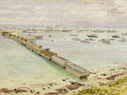 Mulberry harbour, Arromanches, Normandy landing, June 1944 Stephen Bone, © National Maritime Museum