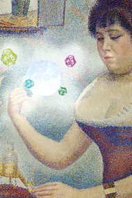 Young woman powdering herself by Georges Seurat (edited with astrological glyphs)