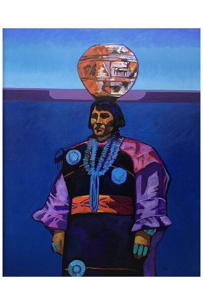 John Nieto, Zuni Olla Bearer, 1988, acrylic on canvas, 60x48 inches. Courtesy of LewAllen Gallery