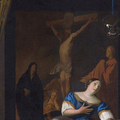 Jesus am Kreuz im Hintergrund, was die Liebe unseres Retters darstellt, ist ein gemeinsamer Nenner vieler Werke Vermeers
