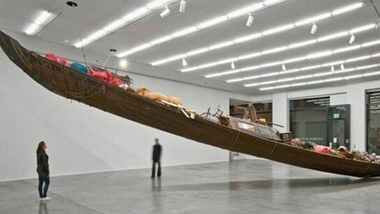 Subodh Gupta, What does the vessel contain, that the river does not, 2012, Mixed media, Approx. 21.35 m long, 3.15 m wide, 110 cm deep
