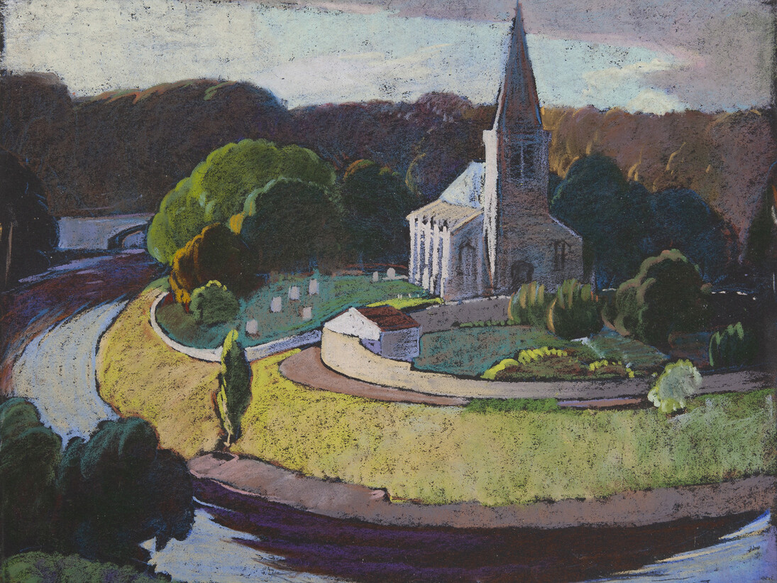 Adam Bruce Thomson, Church on River Bend, pastel, 28 x 35 cm