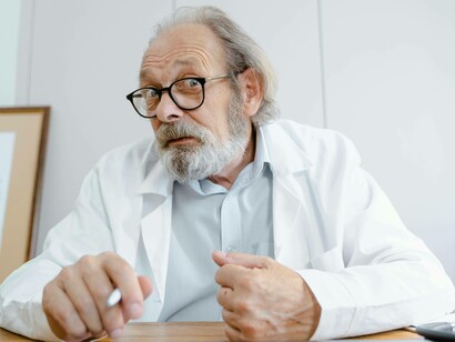 Un medico con barba e occhiali siede a una scrivania, con uno sguardo interrogativo, mentre tiene una penna in mano: "Beh, dottore, come cercavo di spiegarle un attimo fa sono convinto che il tempo della mia permanenza qui in clinica si debba considerare concluso, insomma per farla breve, vorrei andare a casa..."