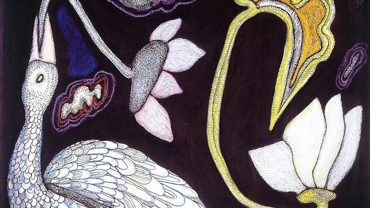 Jogen Chowdhury, Swan and lotus love, 2023. Courtesy of Dhoomimal Gallery