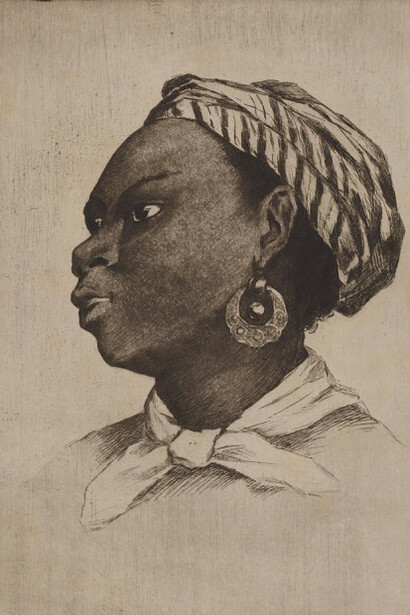Henri Guérard, French, 1846-1897, An African Woman, after Eva Gonzalès, ca. 1888, Zinc etching and aquatint on gray-colored, slightly textured wove paper, Image/plate: 37.5 x 29.2 cm (14 3/4 x 11 1/2 inches) Esther Mauran Acquisitions Fund 2016.107