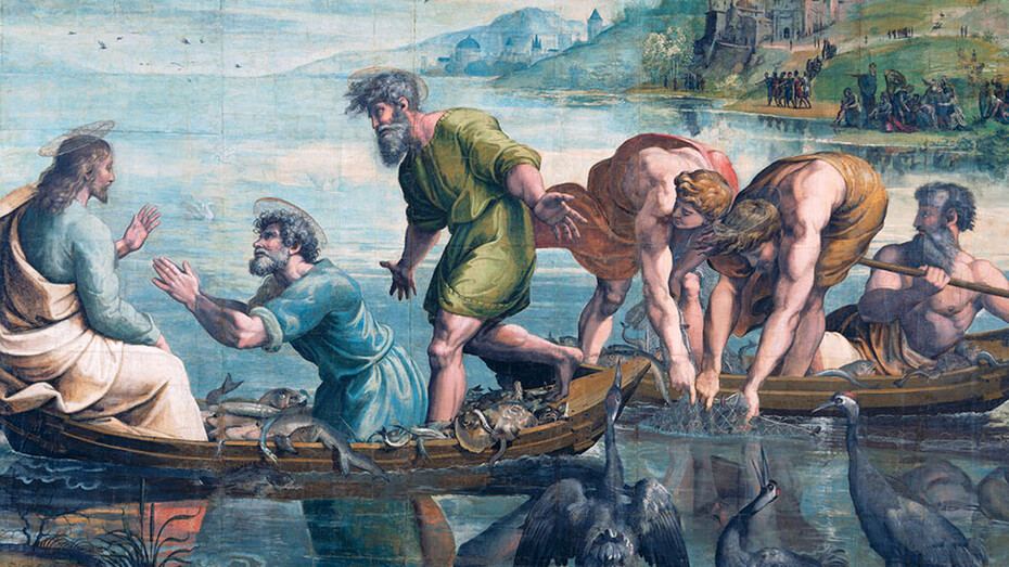 ‘The Miraculous Draught of Fishes’, Raphael, 1515 – 16. On loan from HM Queen Elizabeth II; rcin 912944, (Luke 5:1-11)