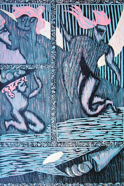 Greek and Cypriot printmakers in France, painting in exhibition. Courtesy of Hambis Printmaking Museum