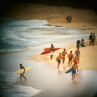 LeRoy Grannis, Duke contest finalists, Sunset beach, 1968. Courtesy of M+B Gallery