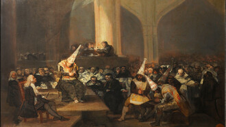 Francisco Goya, (1746–1828). "Escena de Inquisición"; que representa un auto de fe, acto de penitencia pública realizado entre los siglos XV y XIX por herejes y apóstatas condenados impuesto por la Inquisición, basado en relatos de primera mano de 1800-1810