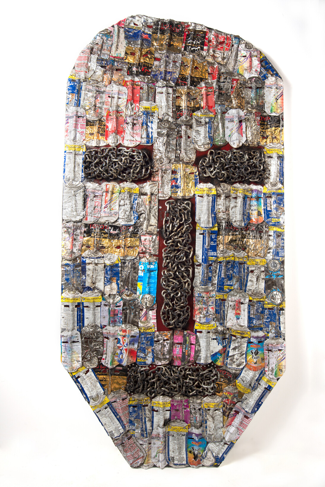Wasil, Saddek, Faces of Tin XX , 2014, From the Contortion Series, Scrap metal, tin cans, on wood, 198 x 98 cm