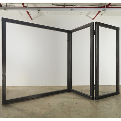 Carol Bove, Open Screen, 2014 Steel, 3 Panels. Panel 1: 96 x 96 inches( 243.8 x 243.8 cm). Panel 2: 96 x 48 inches (243.8 x 121.9 cm). Panel 3: 96 x 48 inches (243.8 x 121.9 cm). Courtesy David Zwirner, New York/London