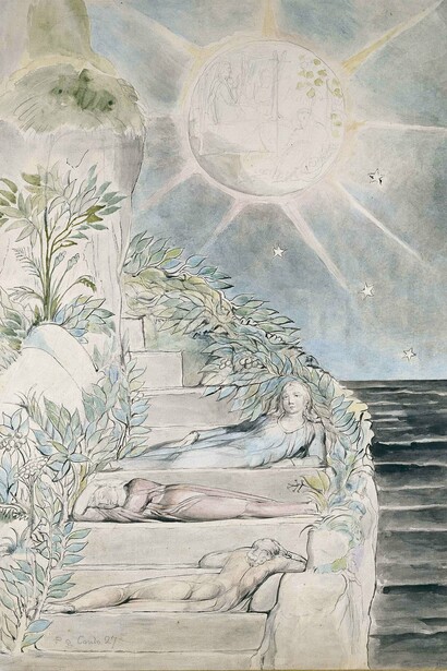 William Blake (1757–1827), Dante and Statius sleep while Virgil watches from Purgatorio VXVii, 1824–27,
Watercolour, pen, and ink over graphite, 52 x 36.8 cm, © Ashmolean Museum, University of Oxford