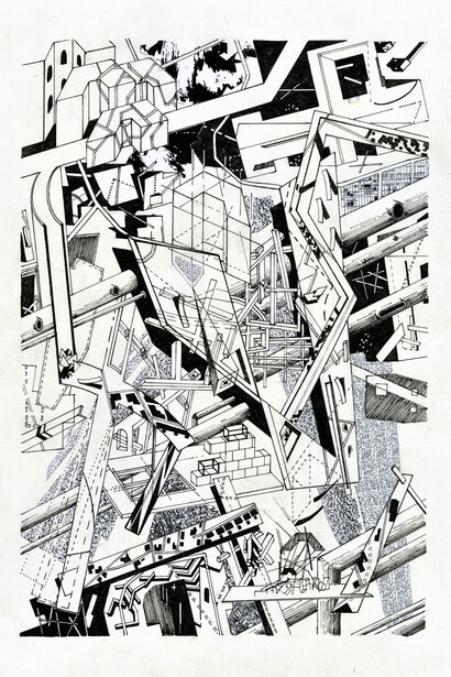 Illustration du déconstructivisme © Carl Abiador, inspiré de l'art de Libeskind et Tschumi 