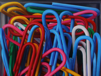 'Clips Box’. Oil on Board, 120 x 120cm.