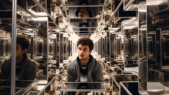 Uomo in un labirinto di specchi e riflessi, con un'espressione confusa