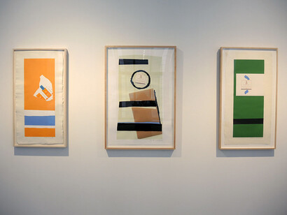 Robert Motherwell prints, left to right: Summer Light Series: Harvest, with Two White Stripes, 1973; Summer Light Series: Pauillac, #1, 1973; Summer Light Series: Pauillac, #3, 1973. Courtesy of the Dedalus Foundation, Inc.