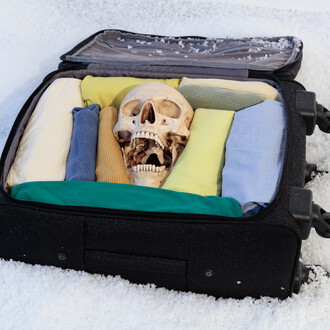 Baggage (Carry On), 2015, artist and fiancé’s clothing, artificial skull and crossbones, artist’s carry on suitcase, 55 x 66 x 19 cm, 21 5/8 x 26 x 7 1/2 ins, courtesy of Vilma Gold, London and Neue Alte Brücke, Frankfurt