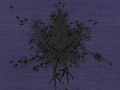 Angelo Filomeno, Ammulet (Purple Akrep), 2013, ricamo e cristalli su seta applicati su lino, cm 198x99. Courtesy of Galleria Giovanni Bonelli 