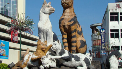 Gatti monumento di fronte al Sarawak Plaza e Holiday Inn