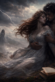 A storm-swept gothic landscape where love, memory, and haunting obsession intertwine—two figures locked in a destructive bond while ghostly echoes of the past linger across the windswept moors