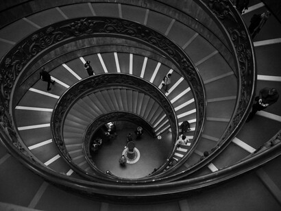 Abstract view of a spiral staircase in monochrome tones