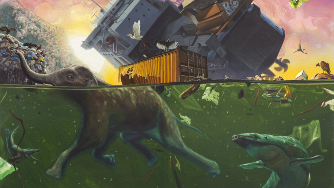 Alexis Rockman, Ark, 2014, Oil and alkyd on wood panel, 44 x 56 in. (111.8 x 142.2 cm). Courtesy of the artist and Sperone Westwater Gallery, New York