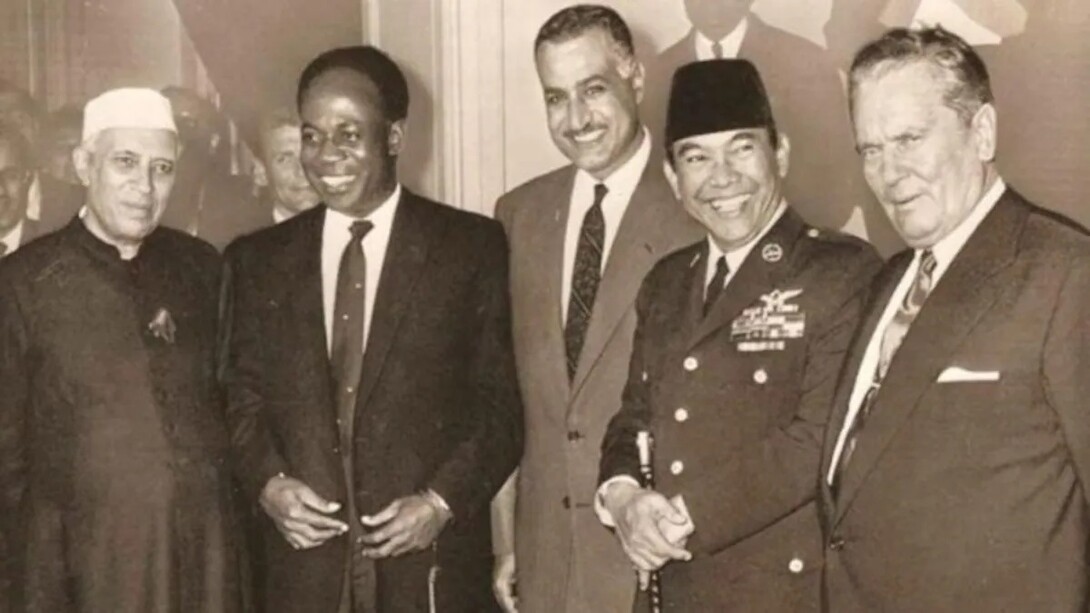 World leaders Shri Jawaharlal Nehru of India, Kwame Nkrumah of Ghana, Gamal Abdel Nasser of Egypt, Sukarno of Indonesia and Josip Broz Tito of Yugoslavia at the Bandung Conference in 1955