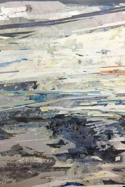 Redactor I, 2013, enamel, acrylic, crystalina, glass powder, pigment, cold wax, glass film, tape, and vinyl on wood panel, 80 x 60 inches