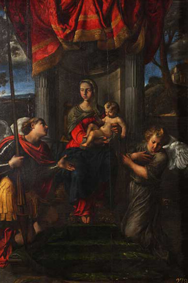 Angelo Caroselli, Madonna con Bambino e gli Arcangeli Michele e Raffaele, oil on wood, 111,5 x 73 cm, 1630 ca., Collezione Fondazione Roma, Roma