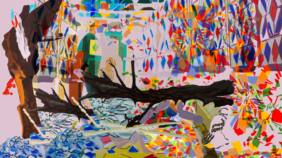 Ranu Mukherjee, Home and the World, 2015, Hybrid Film, HD-bd-r, Corridor from Ray's 'Ghare Baire', tile floor, earth floor, women moving forwards, fallen tree, Gulmohar and Banyan, owlgoat, dust, peacock, Bombay ephemera, broom, bamboo scaffolding, foil arch, tinsel, plywood, Dimensions variable, Courtesy of the Artist and Gallery Wendi Norris, San Francisco. 
