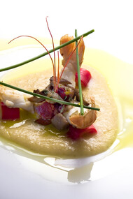 La Crema di pane ai porcini e scampi