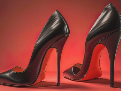 Sleek high heels with iconic red bottoms, standing out against a smooth, monochrome background