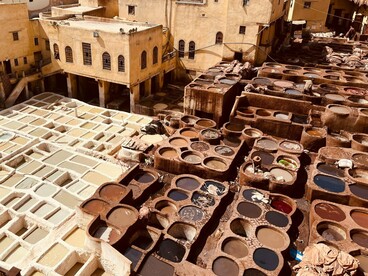 The patterned layout of the tannery in in Fez, Morocco, symbolising order within tradition