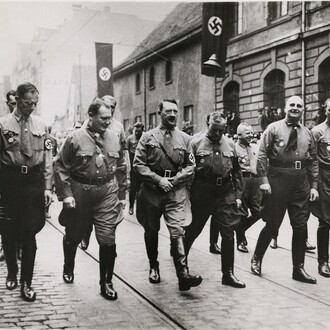 Wide World Photos · Unknown Photographer, "Nazis Commemorate Beer Cellar Putsch", November 9, 1937, silver gelatin print on glossy fibre paper, printed by November 22, 1937, 15 (18) x 21,6 (22,8) cm, Courtesy: Daniel Blau Munich/London
